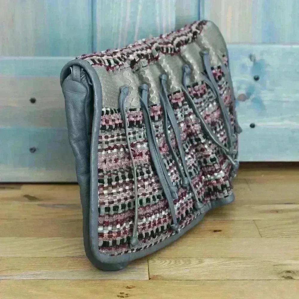 Set of 2 1980s Vintage Bohemian Purses Clutch Patchwork Fringe Fibers Crossbody